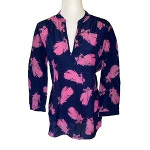 Amanda Uprichard Navy Blue & Pink Feather Print Tunic Top - M